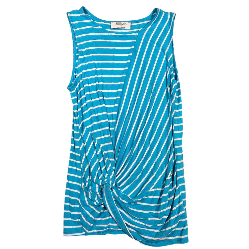 Zenana Womens Turquoise Blue White Striped Twist Knot Tank Top RT-8349AB Size S